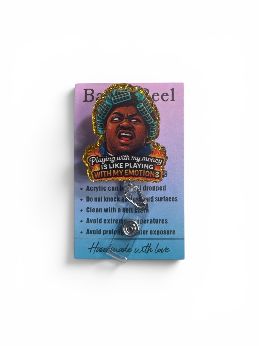 'Playing With My Money' Glitter Acrylic Badge Reel in Gold and Multicolor